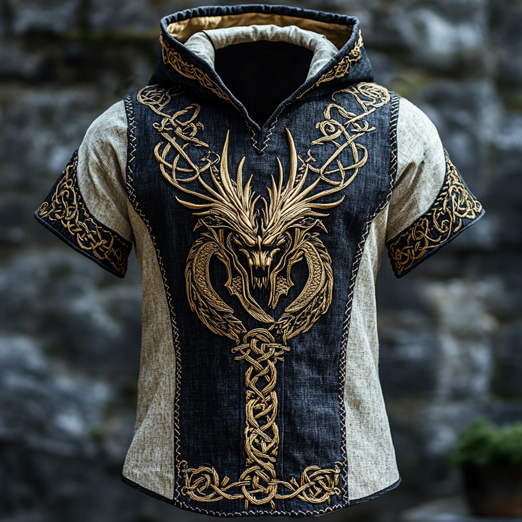 Men's Nordic Viking Mythology Celtic Dragon Totem Hooded T-shirt