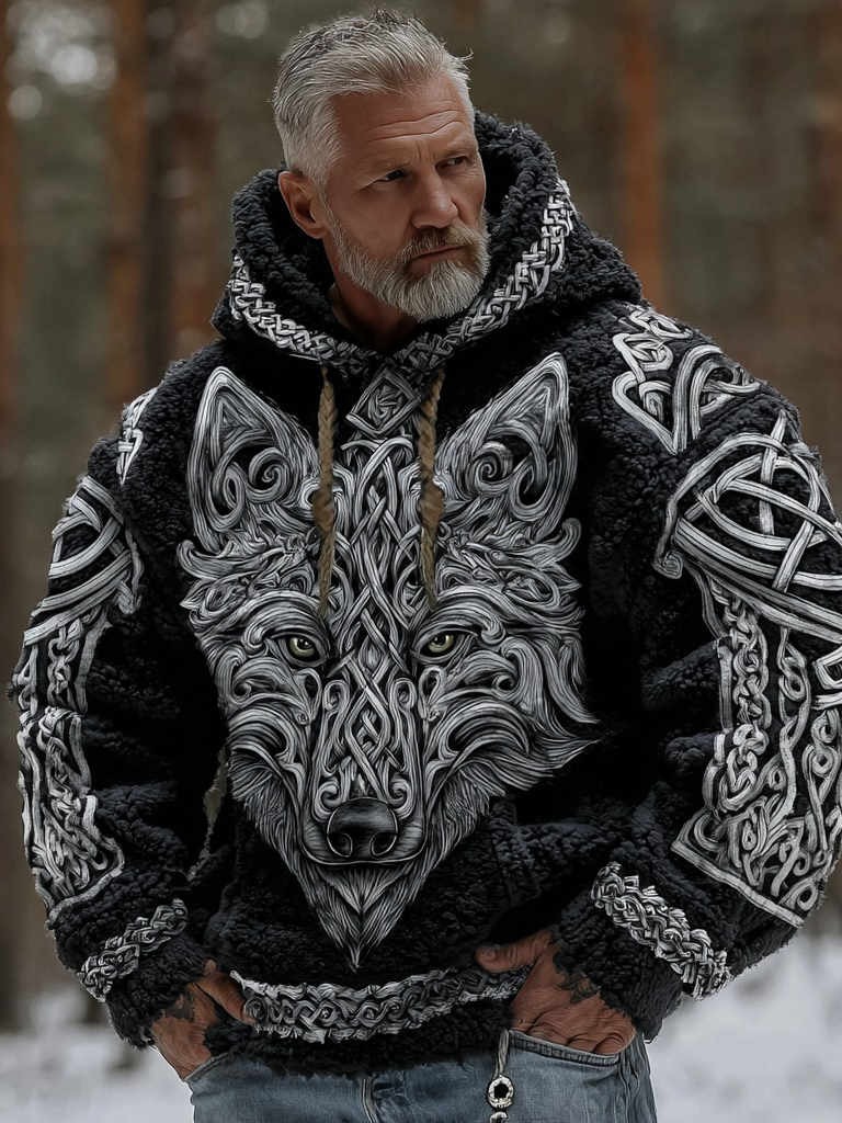 Men's Viking Wolf Celtic Knot Pattern Inspired Art Plush Warm Fleece Hoodie