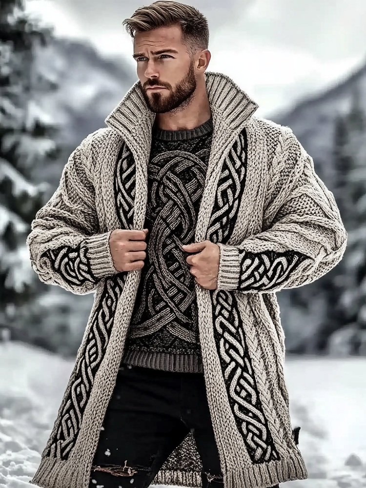 Men's Viking Celtic Jacquard Knit Warm And Comfortable Basic Cardigan Sweater