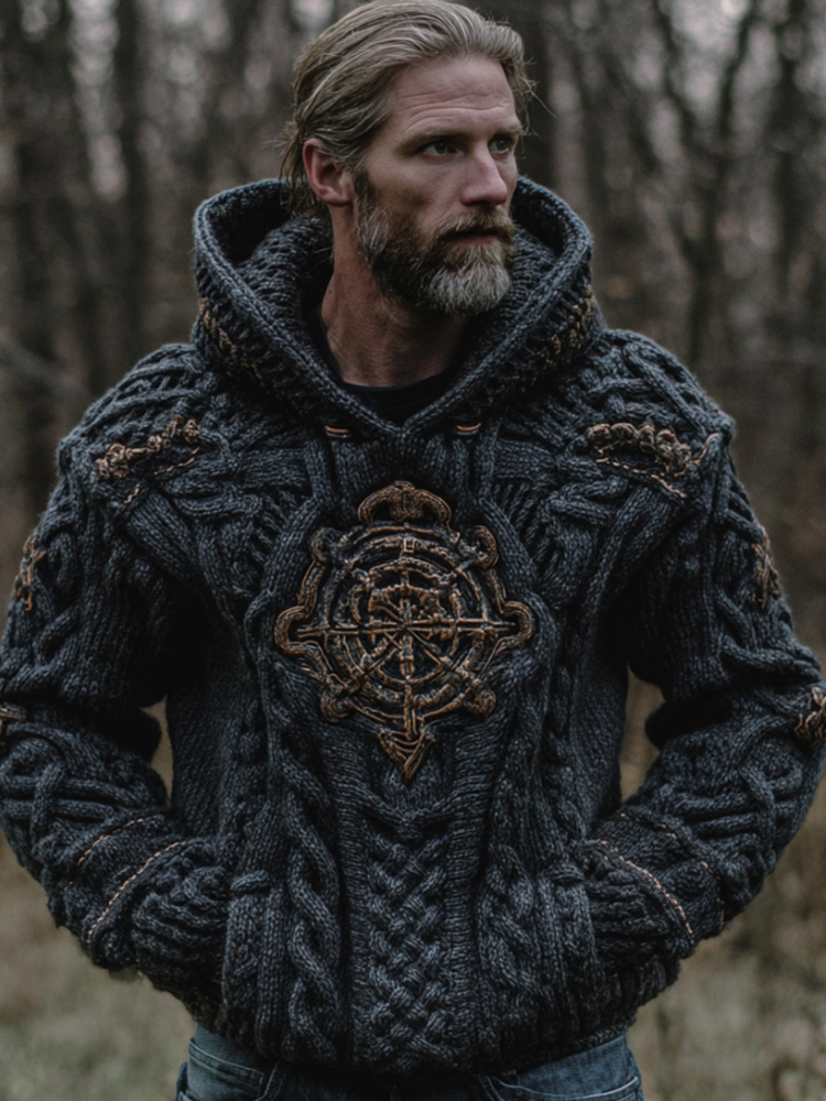 Men's Viking Compass Navy Blue Hooded Sweater