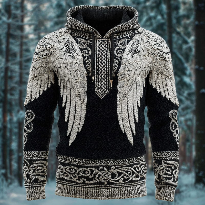 Men's Viking Wings Art Print Casual Knit Hooded Sweater