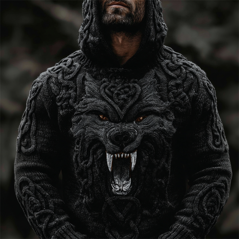 Men's Viking Wolf With Fangs Celtic Knot Chunky Hooded Sweater