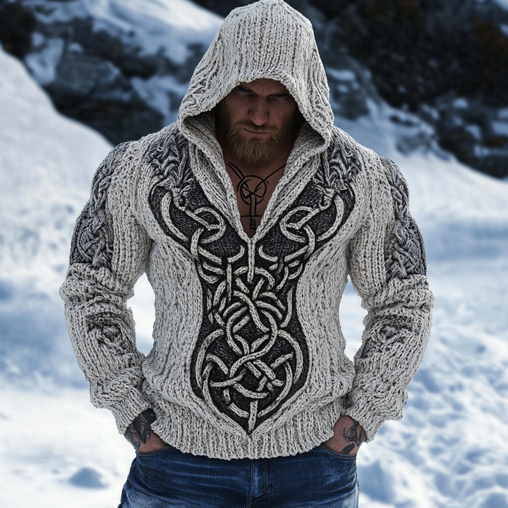 Retro Viking Celtic Jacquard Chunky Hooded Sweater
