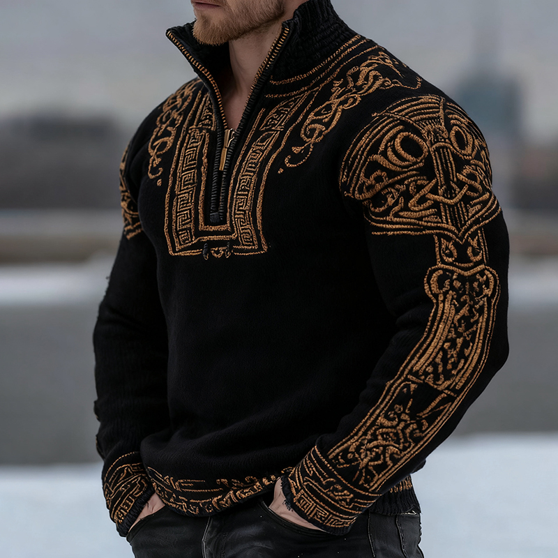 Men's Vintage Viking Celtic Art Knit Zipped High Neck Sweater