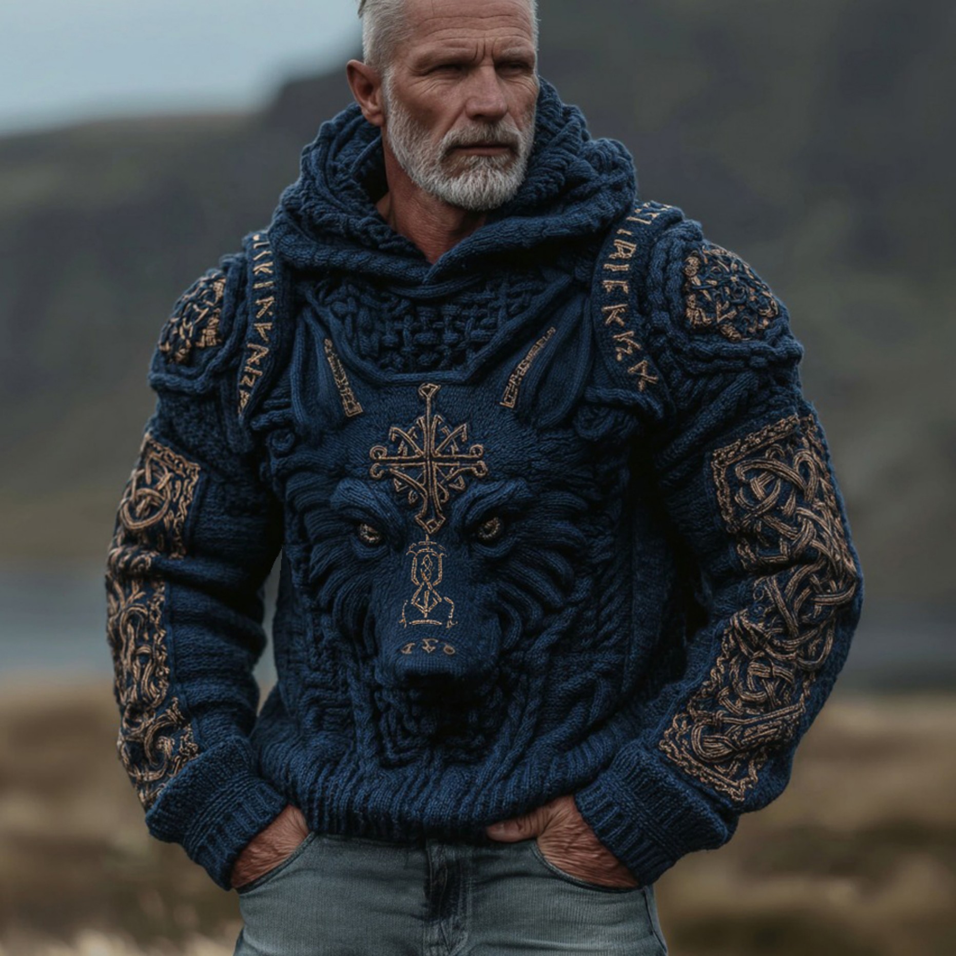 Men's Viking Wolf Rune Celtic Knot Jacquard Knit Hoodie Sweater