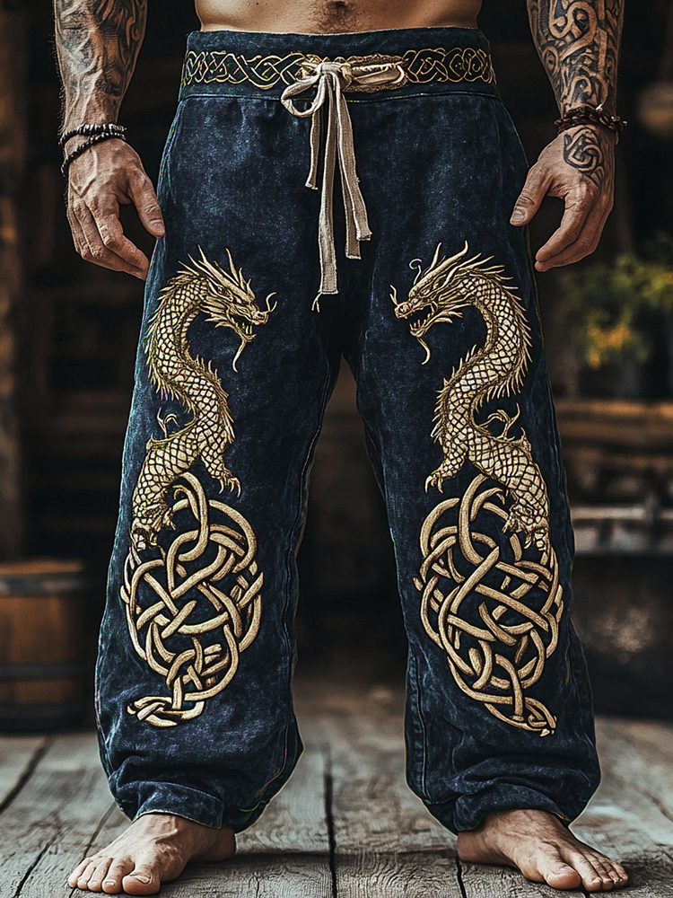 Men's Retro Viking Tribal Dragon Celtic Knot Art Linen Pants
