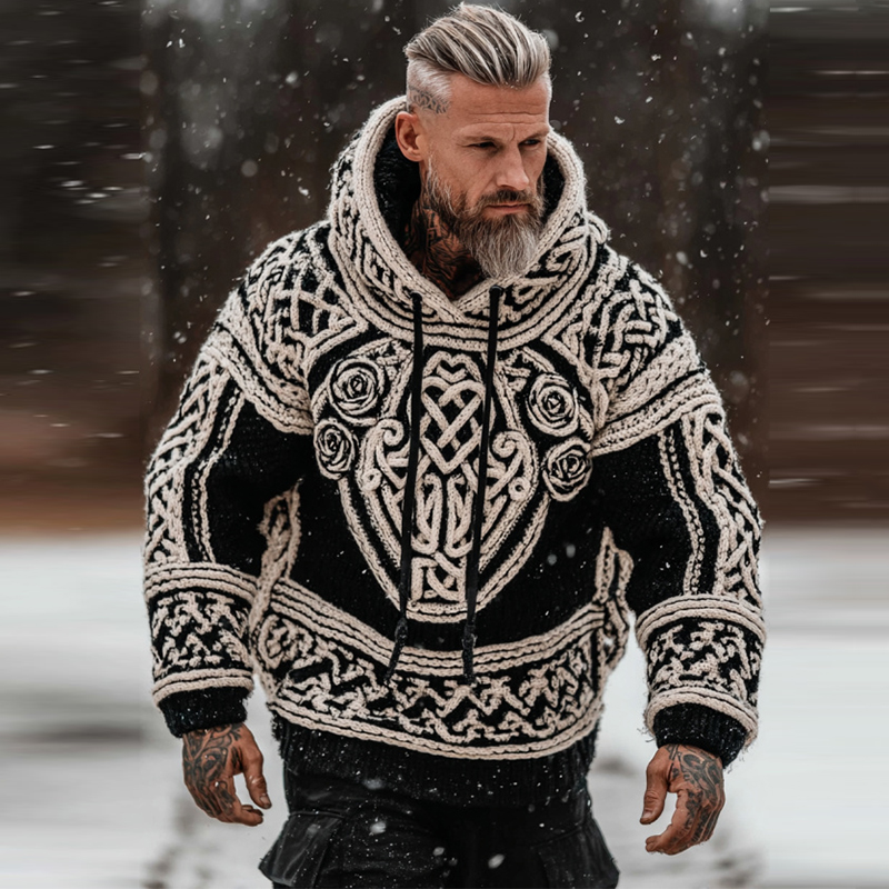Men's Viking Tribal Jacquard Celtic With Rose Inspired Chunky Knit Hooded Sweater
