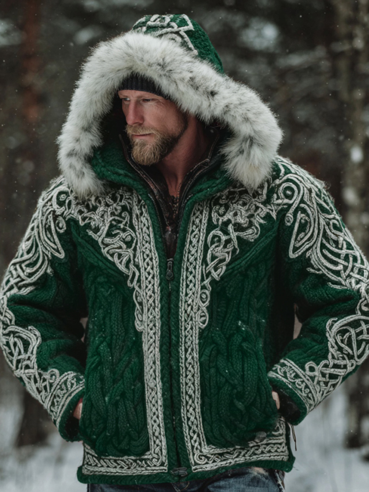 Men's Christmas Santa Celtic Art Warm Hooded Knit Sweater Jacket