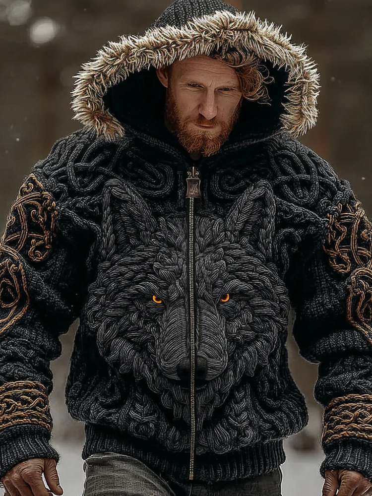Men's Vintage Viking Wolf Style Celtic Art Cozy Fur Collar Knit Hooded Sweater Jacket