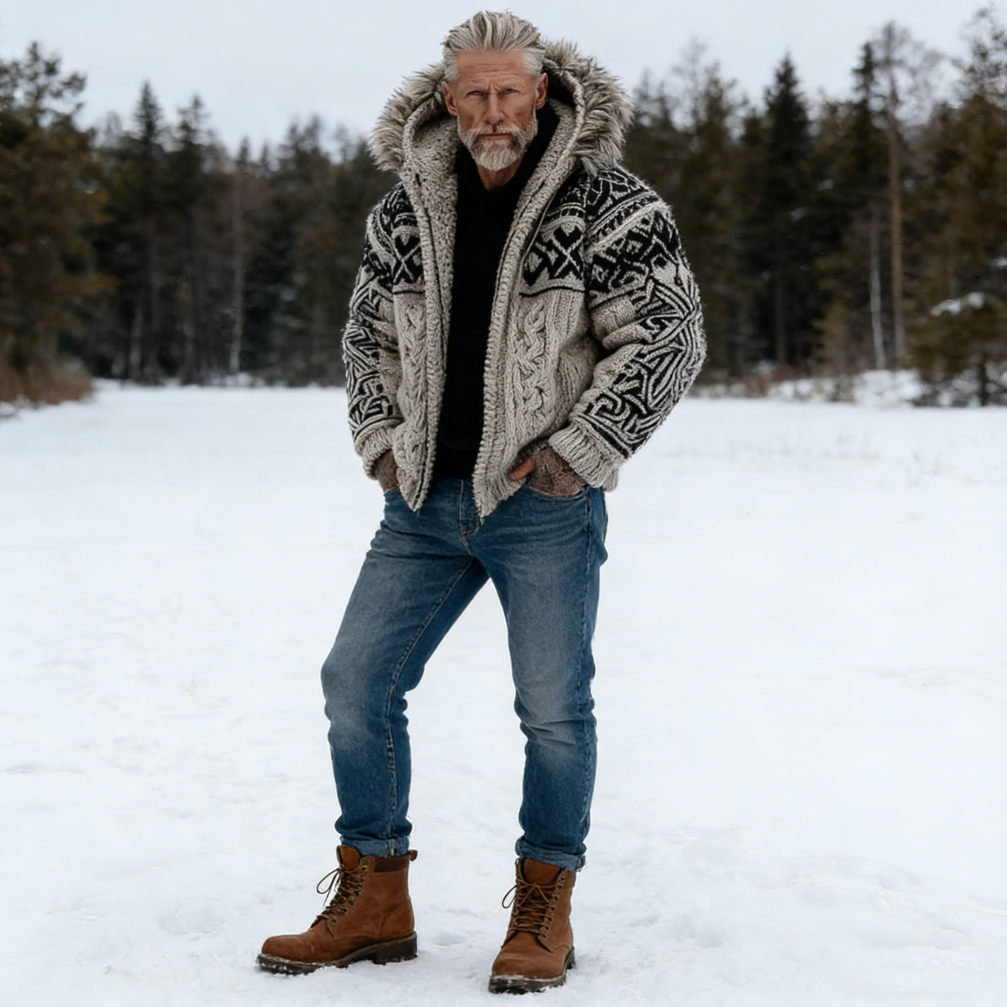 Men's Viking Celtic Art Cozy Fur Collar Knit Hooded Sweater Jacket