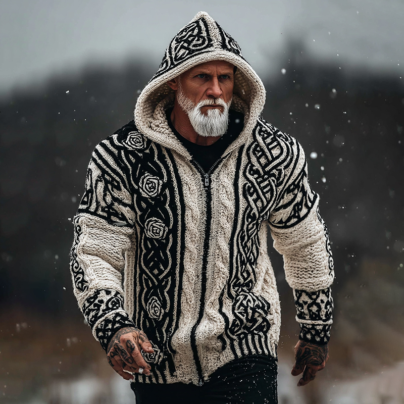 Men's Viking Tribal Jacquard Celtic With Rose Inspired Chunky Knit Zipped Hooded Sweater
