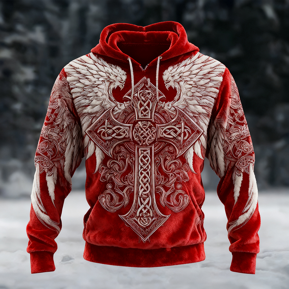 Men's Celtic Cross With Wings Pattern Viking Cozy Plush Hoodie