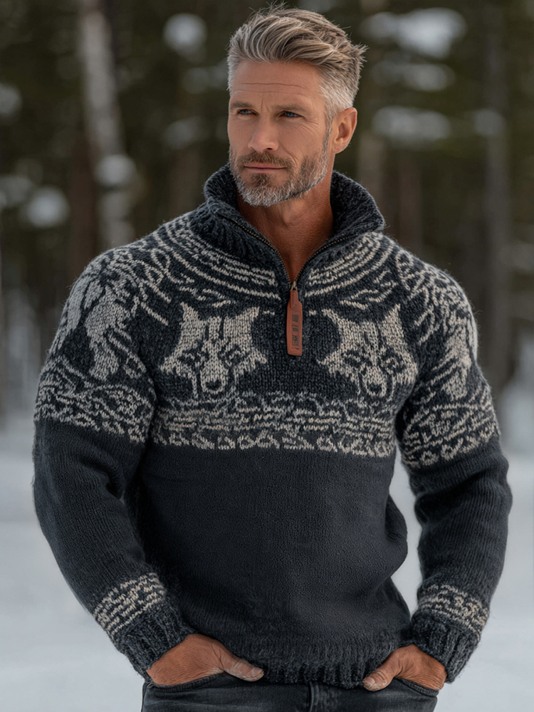 Men's Vintage Viking Wolf Pattern Cozy Knit Half Zipped Sweater