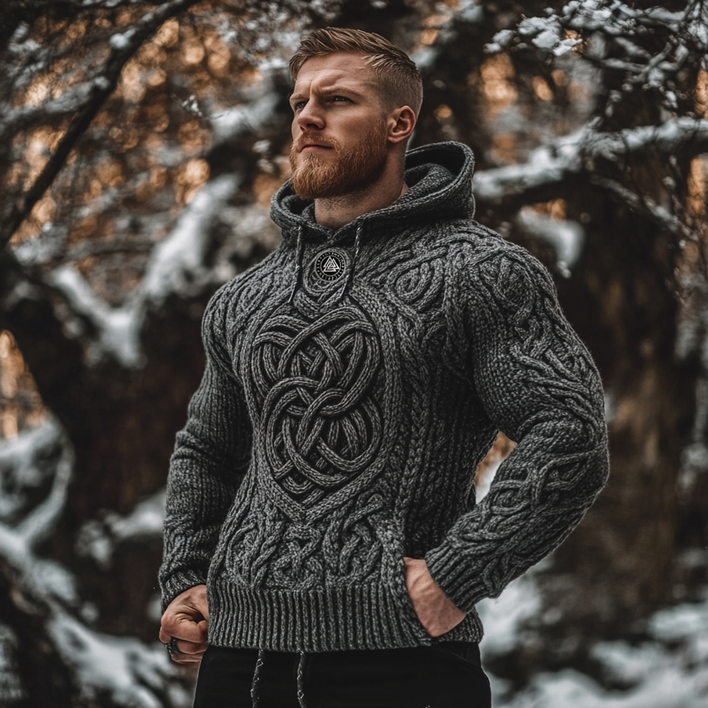 Men's Viking Style Celtic Knot Jacquard Knit Hooded Sweater