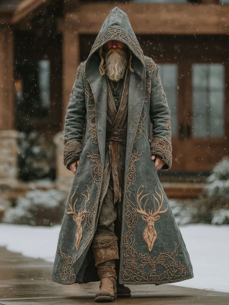 Men's Viking Celtic Knot With Deer Pattern Hooded Kaftan Cloak Jacket