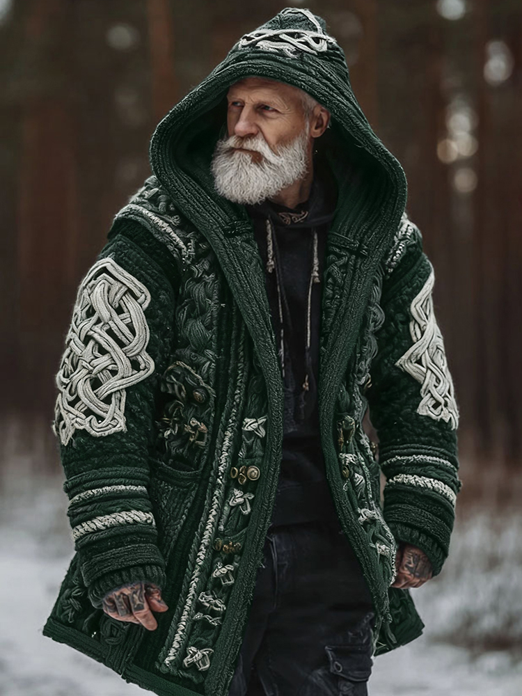 Men's Viking Celtic Geometry Pattern Art Cozy Knit Hooded Cardigan