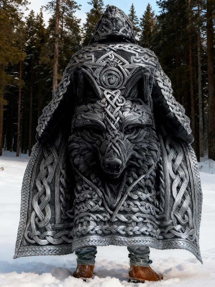 Men's Viking Wolf Celtic Knot Art Pocket Mid-length Cardigan Sweater