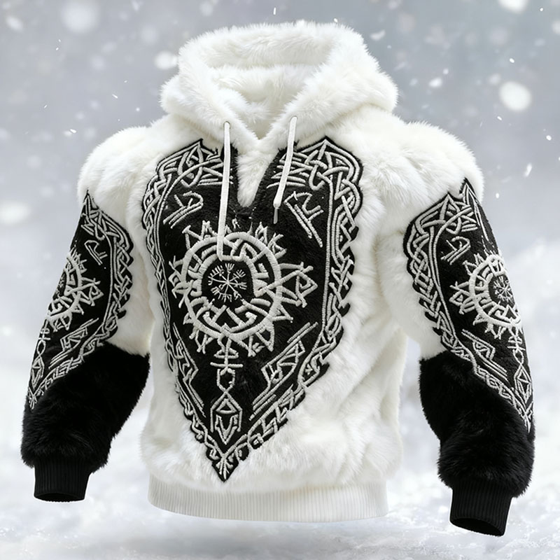 Men's Viking Tribal Jacquard Celtic Inspired Art Plush Warm Hoodie