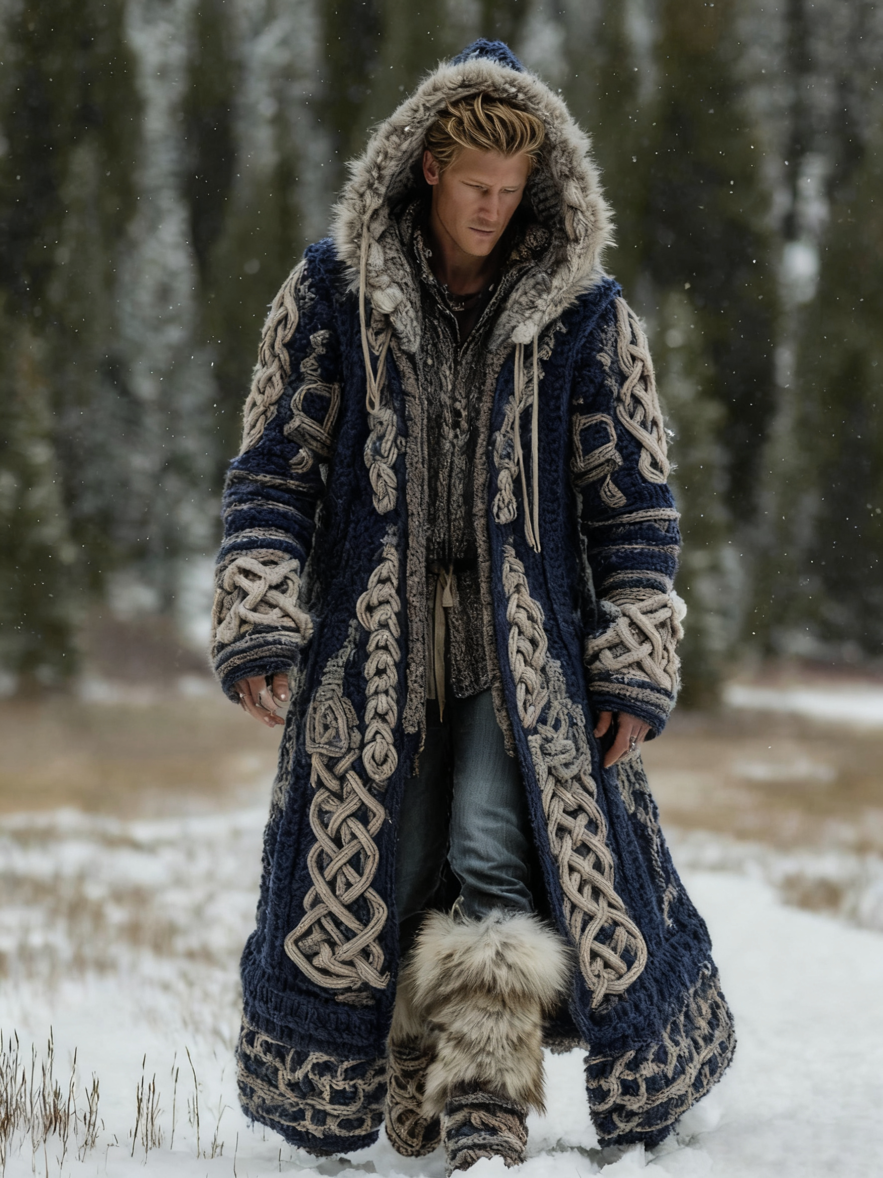 Men's Viking Celtic Knot Art Pocket Mid-length Fur Collar Chunky Knit Cardigan Sweater