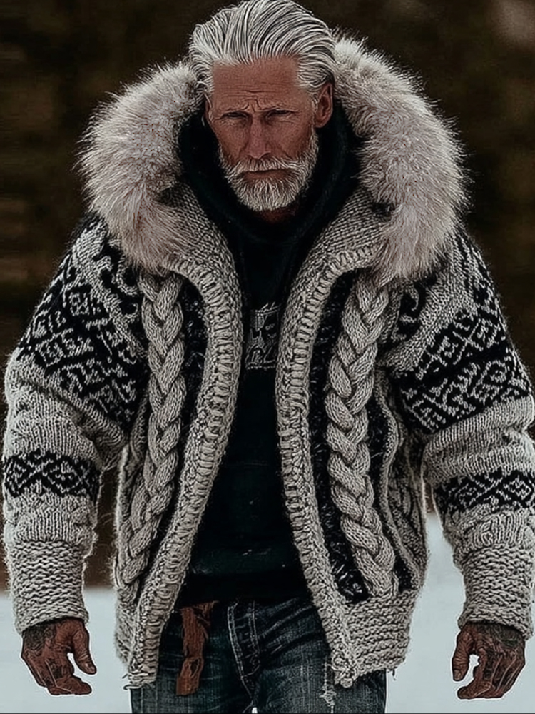 Men's Viking Style Celtic Knot Thick Needle Fur Collar Knitted Hooded Cardigan Jacket