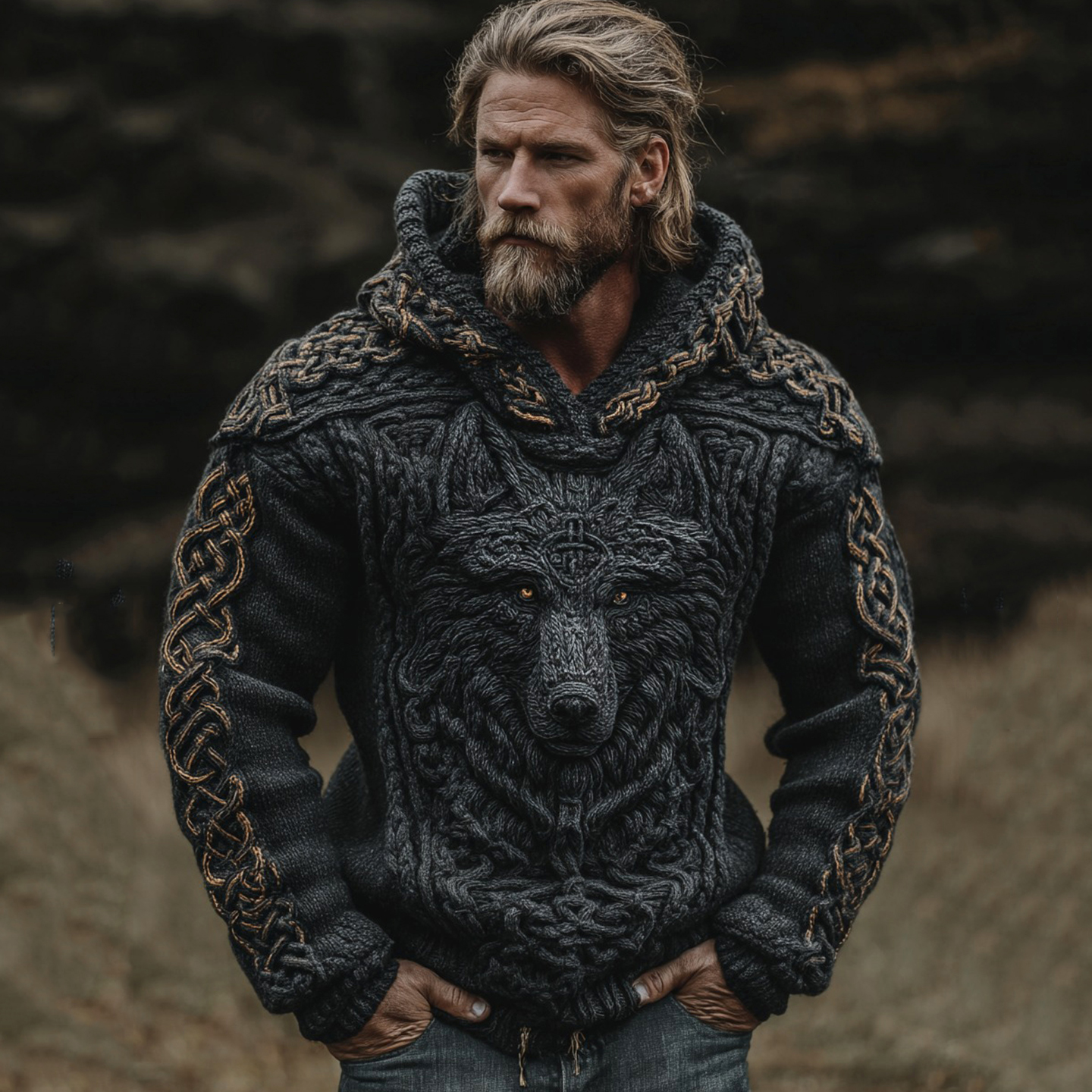 Men's Viking Wolf Celtic Knot Jacquard Knitted Hooded Sweater
