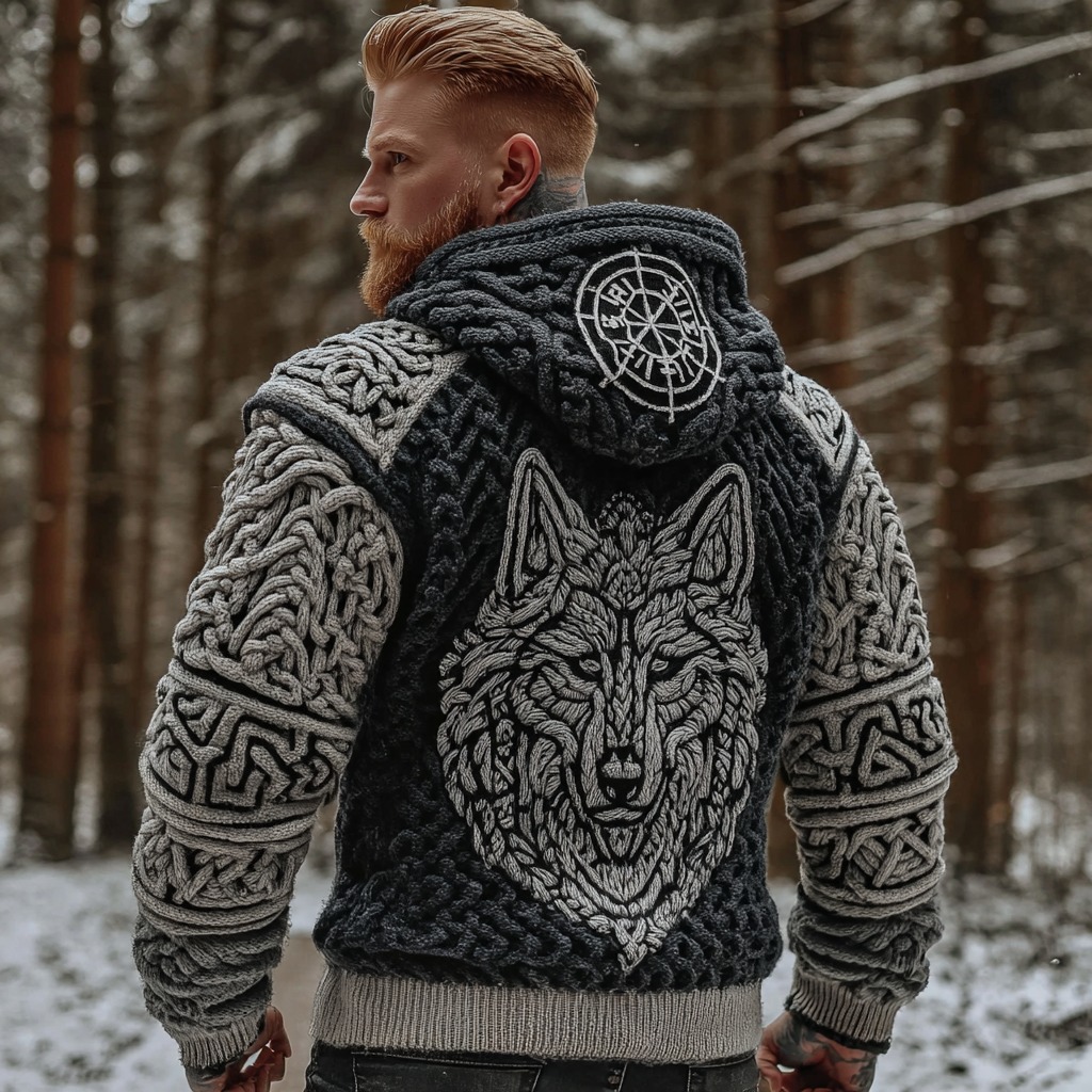 Vintage Viking Celtic Wolf Knot Art Knitted Hooded Sweater