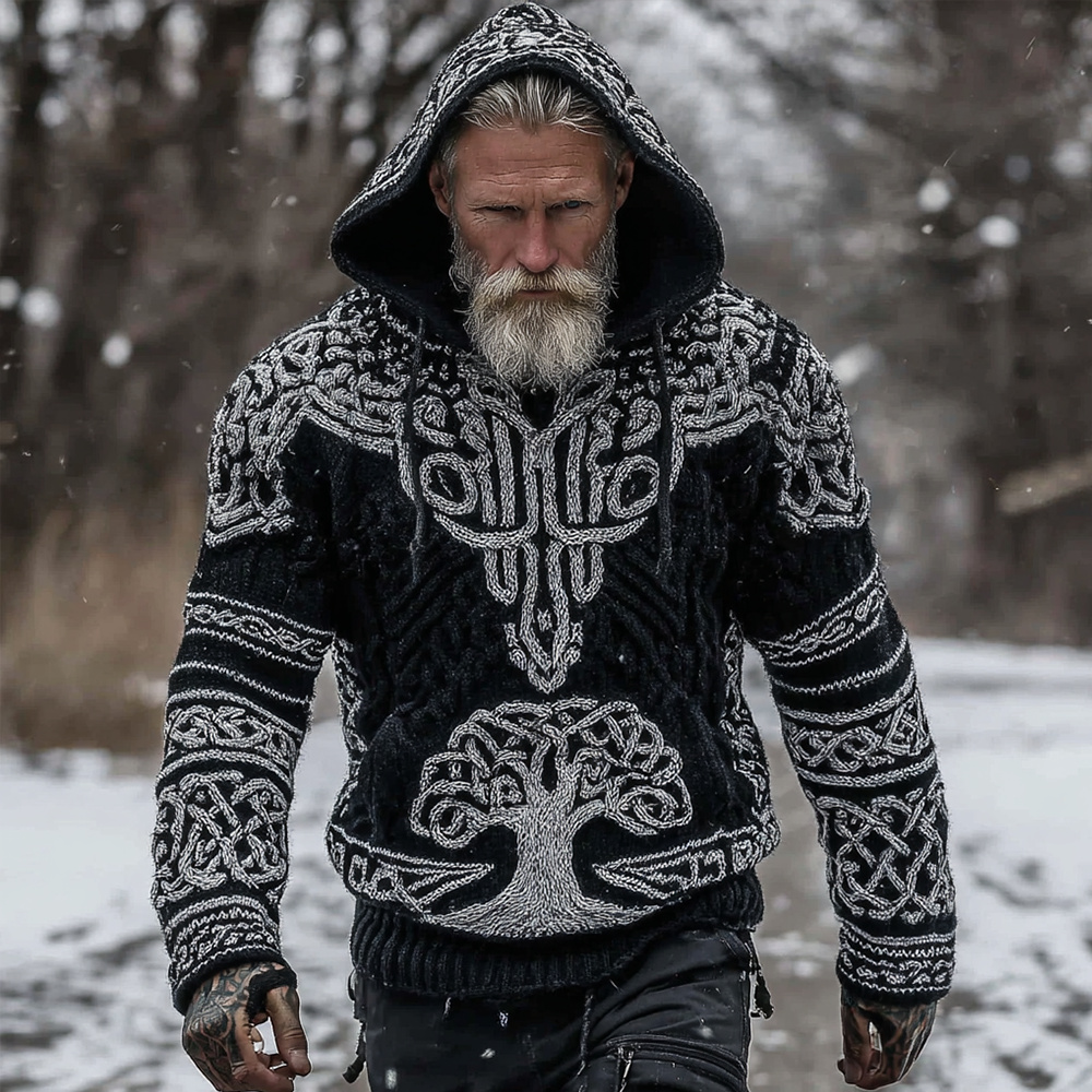 Men's Vintage Viking Tree Of Life Celtic Knot Cozy Knit Hooded Sweater