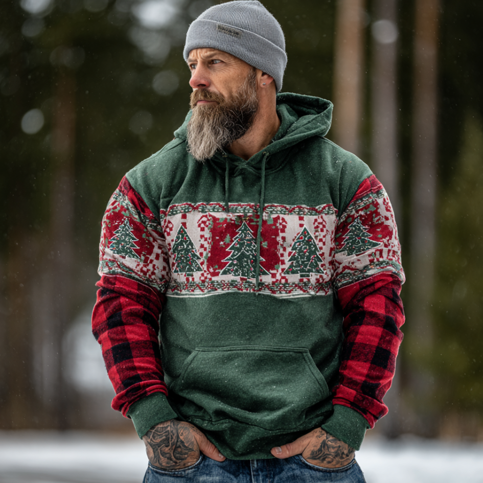 Christmas Retro Color-blocked Men's Hooded Sweatshirt