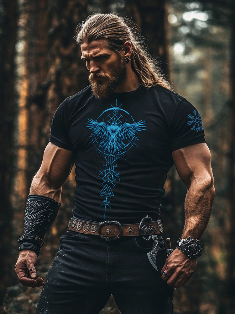 Vintage Viking Raven Rune Print Short Sleeve T-shirt