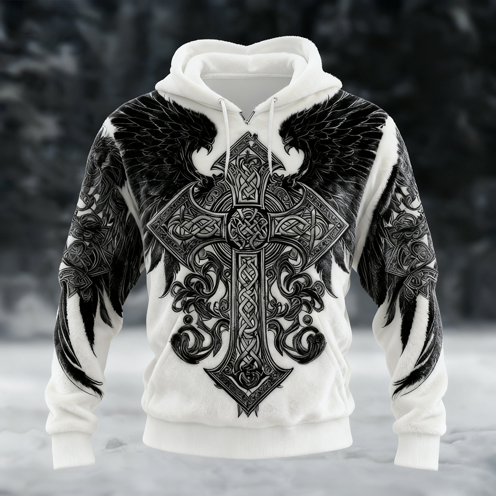 Men's Celtic Cross With Wings Pattern Viking Cozy Plush Hoodie
