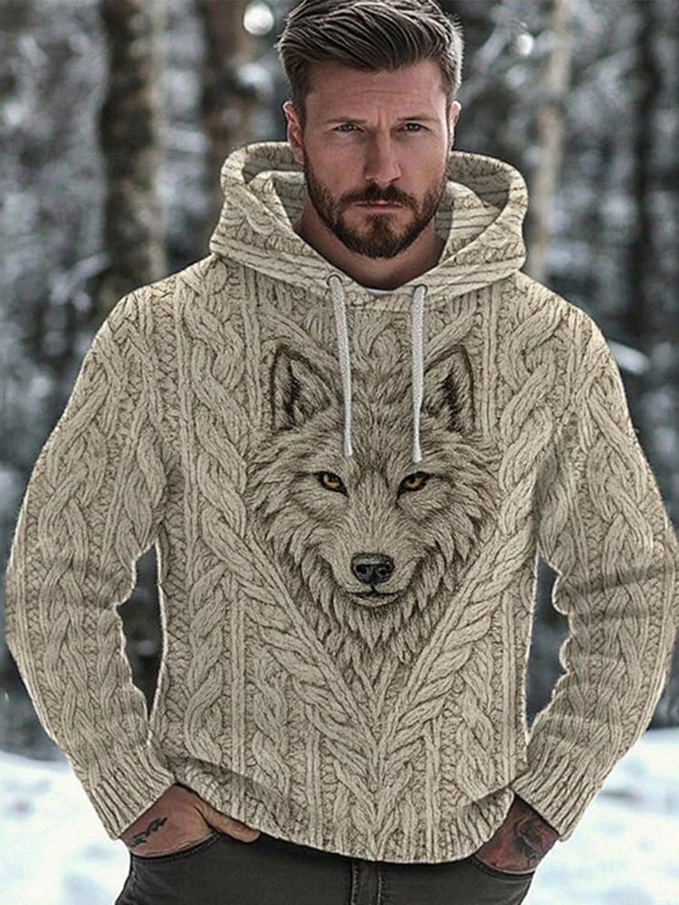 Men's Vintage Wolf Head Celtic Knot Print Hooded Sweater