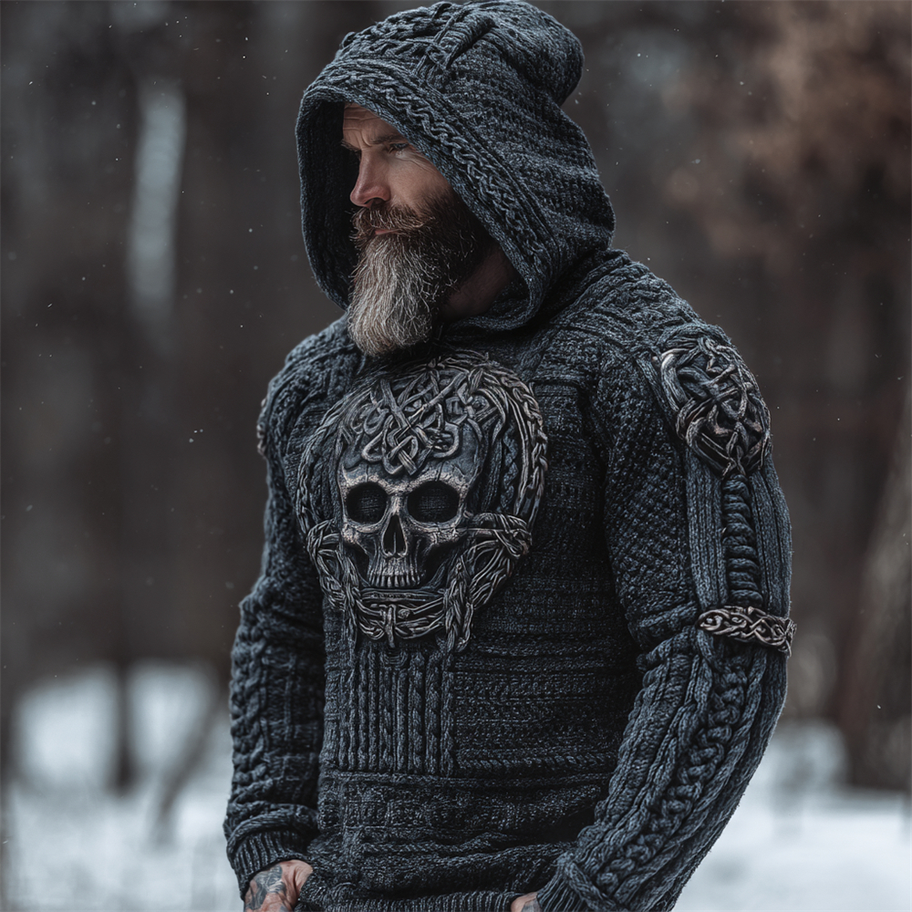 Viking Skull Men's Chunky Knit Hooded Sweater