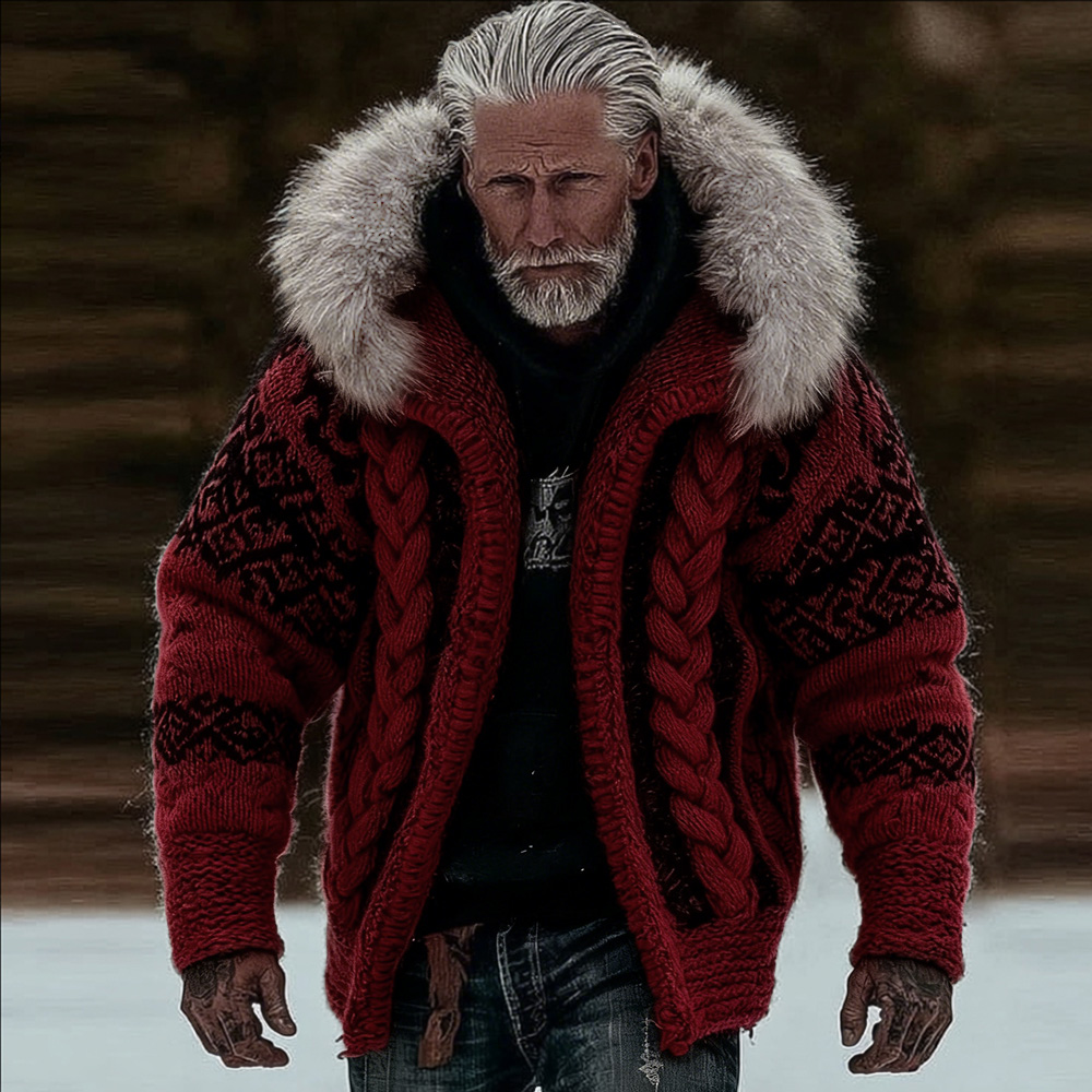 Men's Viking Style Celtic Knot Thick Needle Fur Collar Knitted Hooded Cardigan Jacket