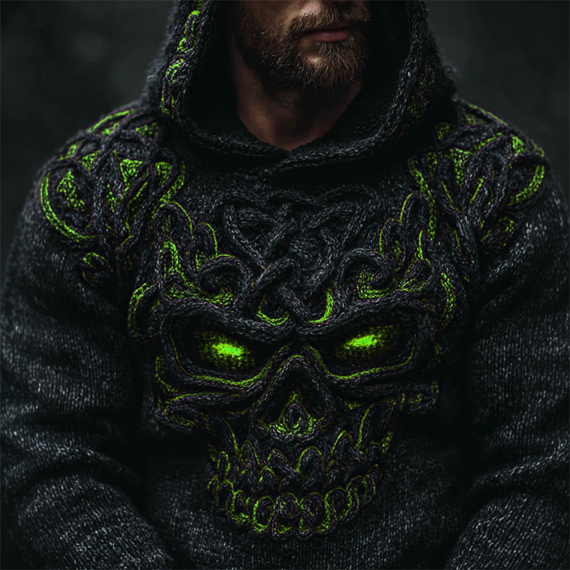 Men's Halloween Skull Celtic Knot Chunky Cozy Knit Hooded Sweater
