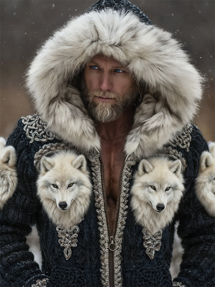 Men's Viking Fuzzy Wolf Celtic Cozy Fur Trim Hooded Cardigan