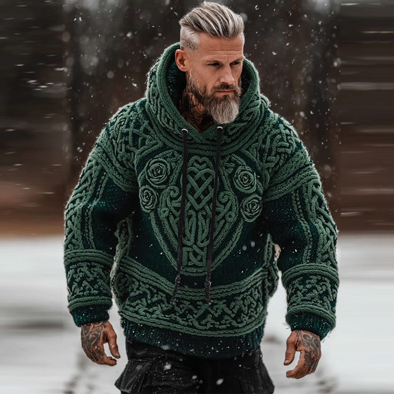 Men's Viking Tribal Jacquard Celtic With Rose Inspired Chunky Knit Hooded Sweater