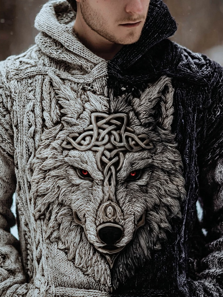 Men's Viking Celtic Wolf Pattern Contrast Cozy Hooded Sweater