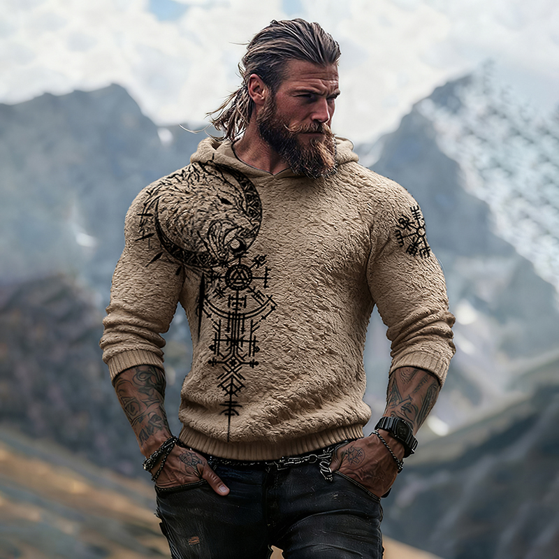 Viking Wolf Runes Design Men's Flannel Hoodie Sweater