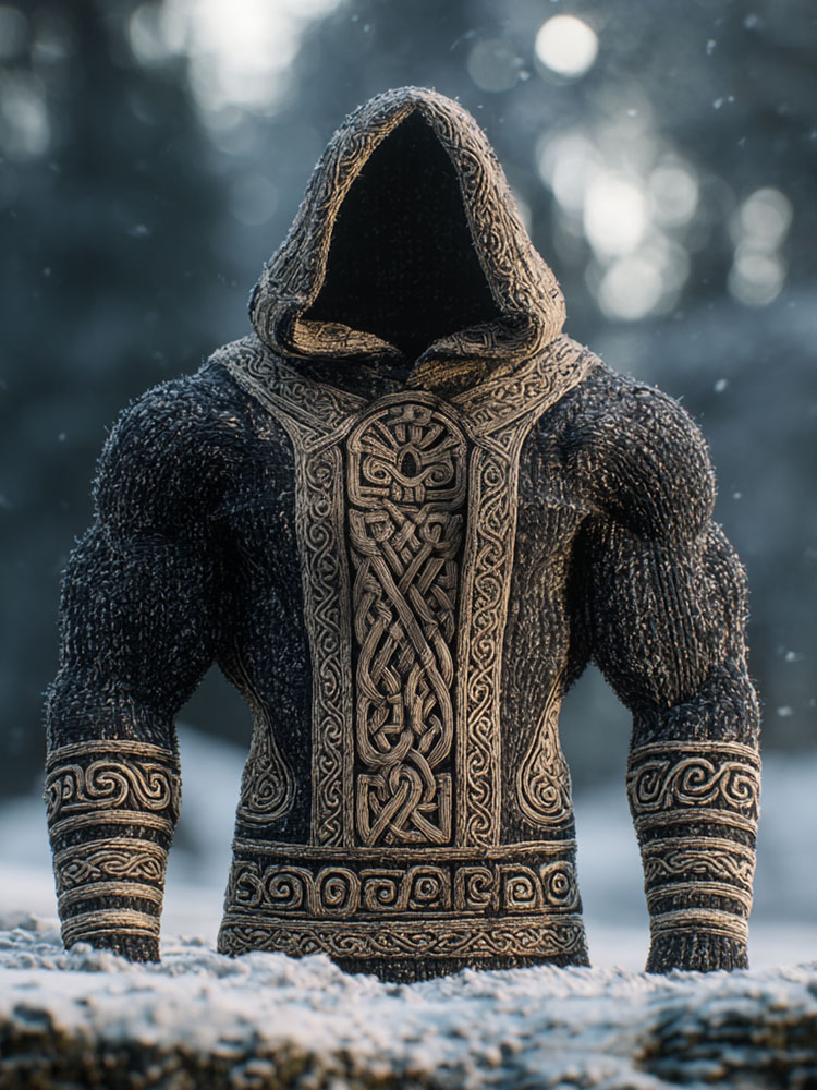 Men's Vintage Ancient Viking Tribal Art Inspired Winter Warmth Knit Woolen Hooded Sweater