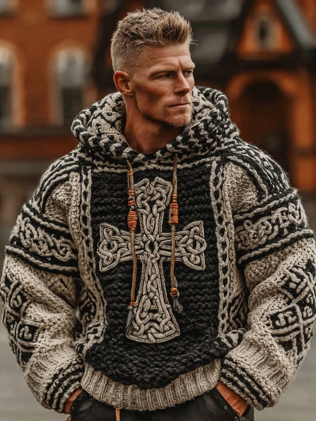 Men's Viking Celtic Cross Knot Knit Hooded Sweater