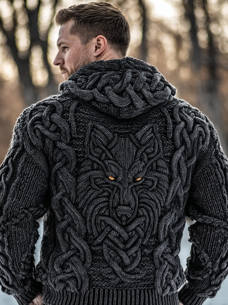 Men's Viking Inspired Celtic Wolf Knit Chunky Hooded Sweater