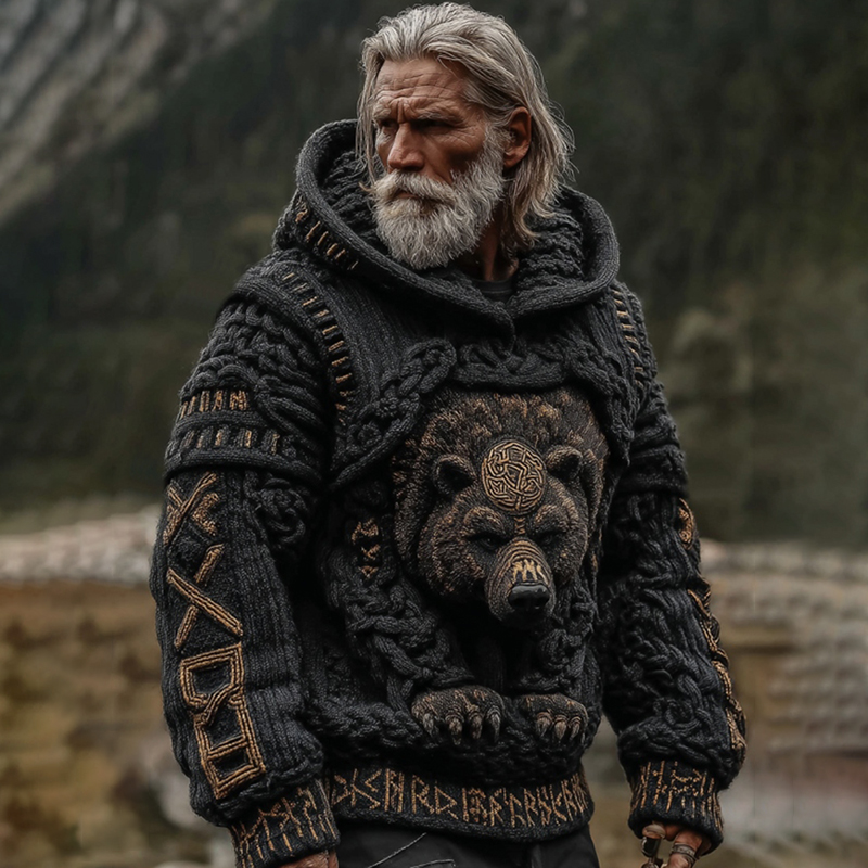 Men's Viking Brown Bear Pattern Jacquard Knitted Hooded Sweater