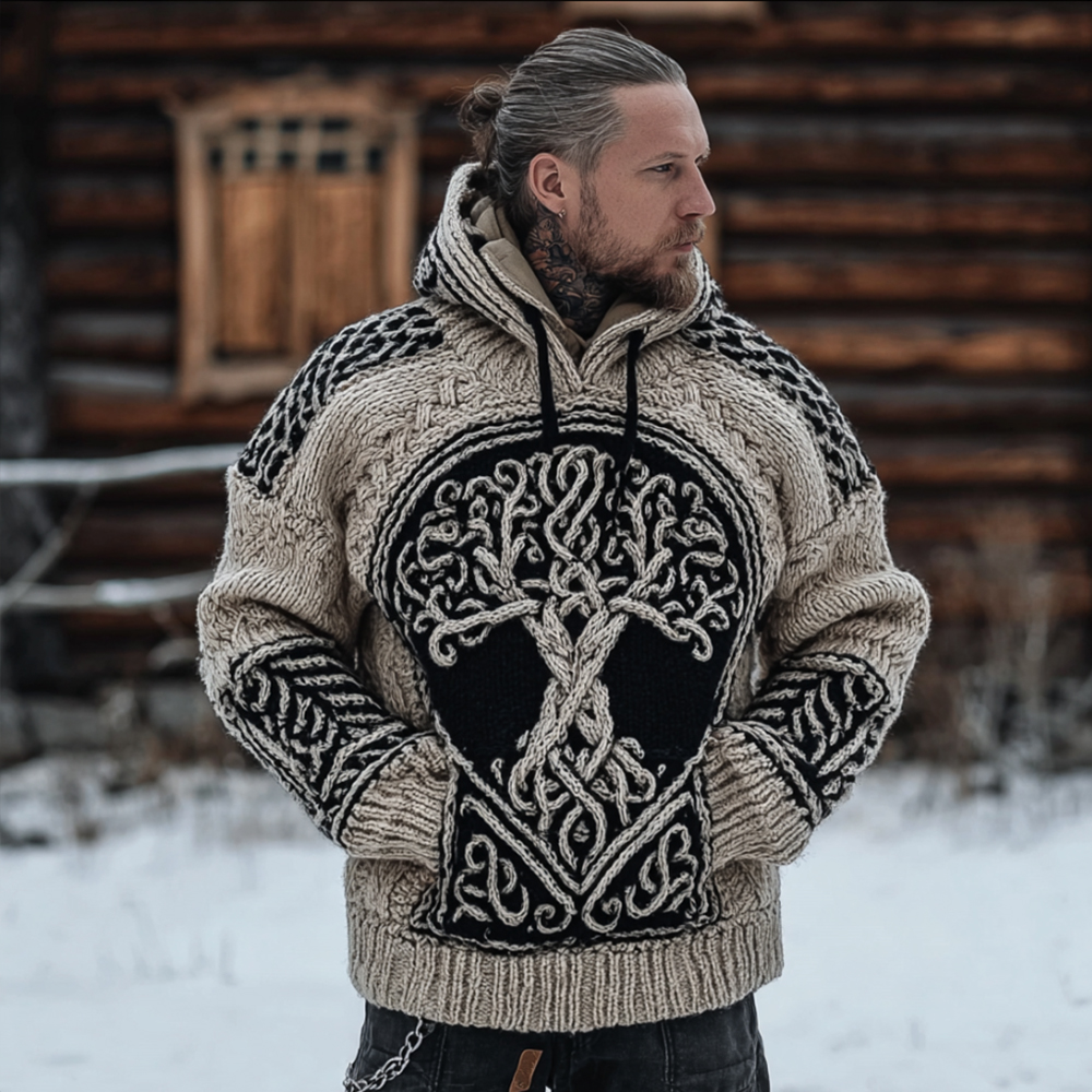 Men's Viking Style Tree Of Life Thick Needle Warm Hooded Sweater