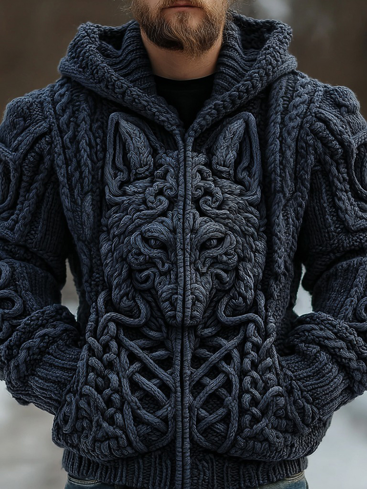 Men's Vintage Viking Wolf Knit Jacquard Zip-up Hooded Sweater