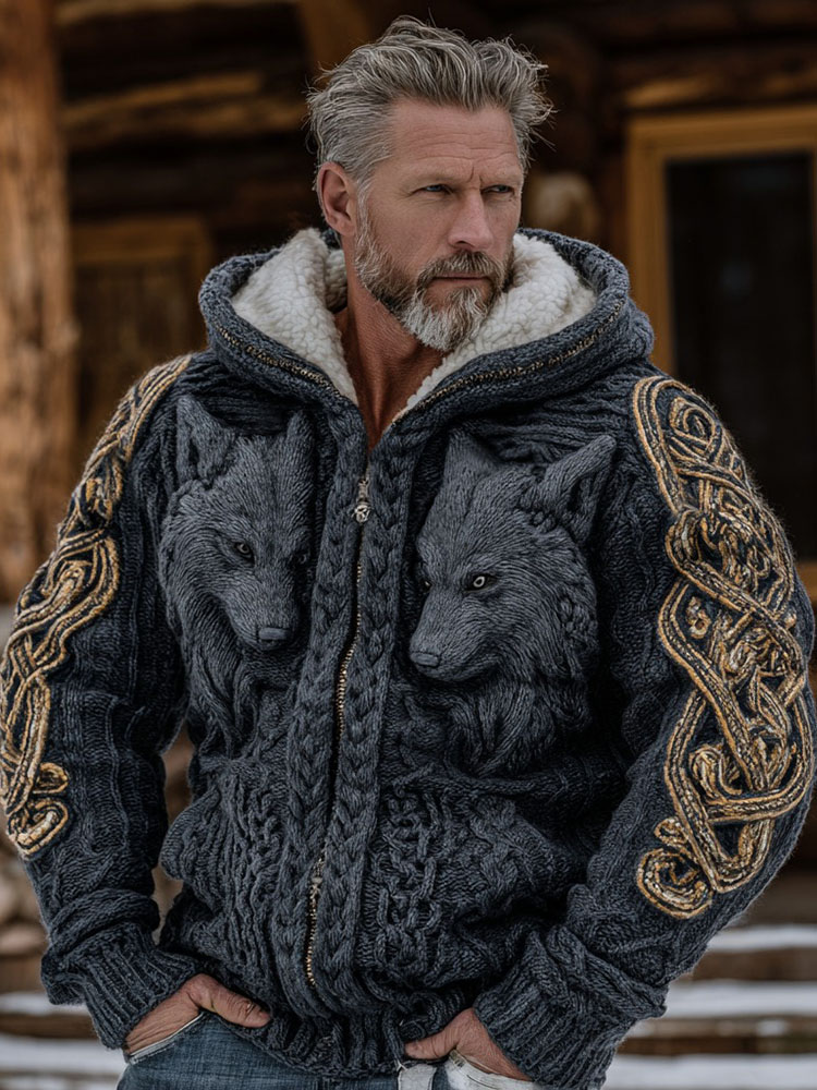 Men's Viking Celtic Knot Wolf Art Cozy Knit Hooded Sweater Jacket