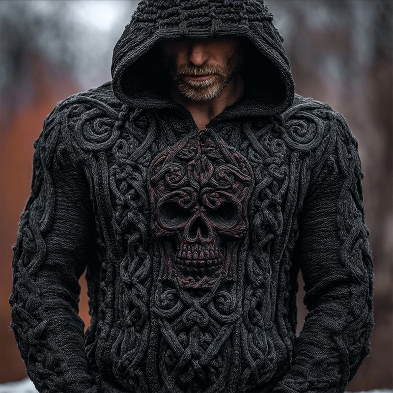 Men's Viking Skull Celtic Jacquard Chunky Hooded Sweater
