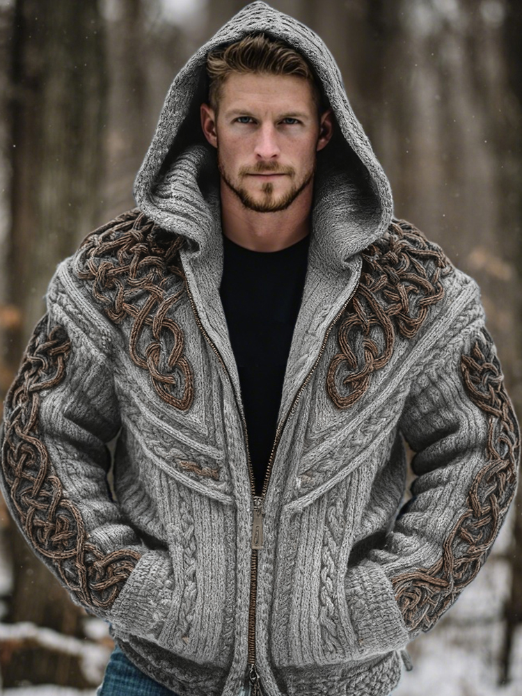 Men's Vintage Viking Celtic Knot Art Chunky Knit Hooded Zip-up Sweater