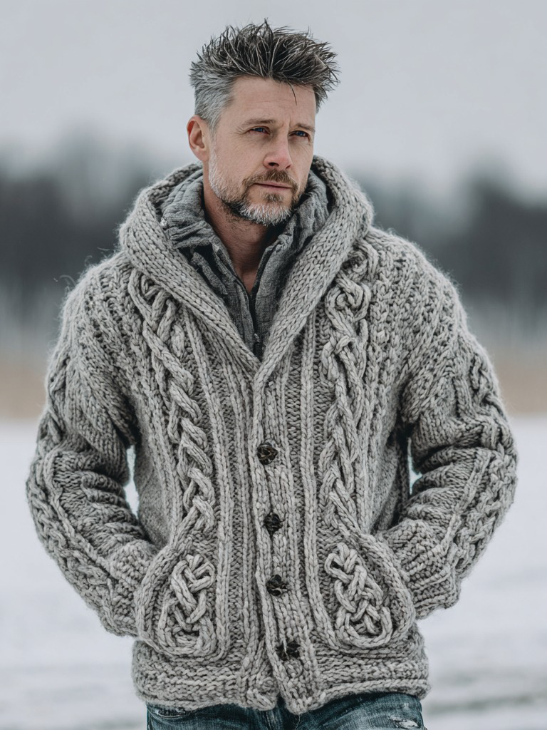 Men's Vintage Viking Celtic Knot Knitted Warm Button Sweater Cardigan