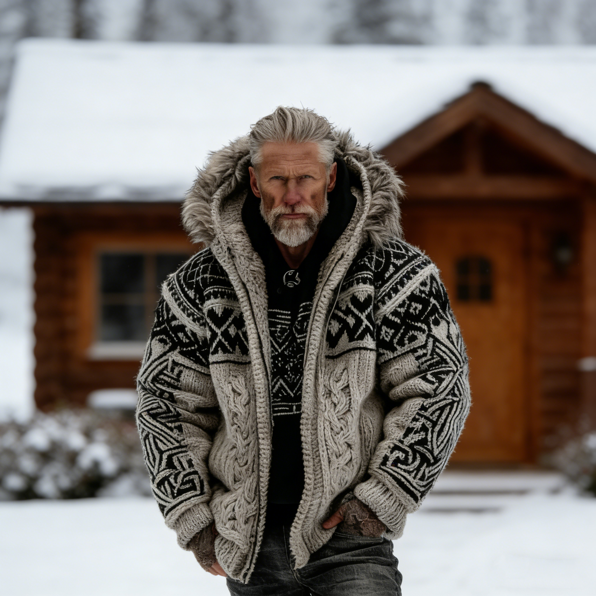 Men's Viking Celtic Art Cozy Fur Collar Knit Hooded Sweater Jacket