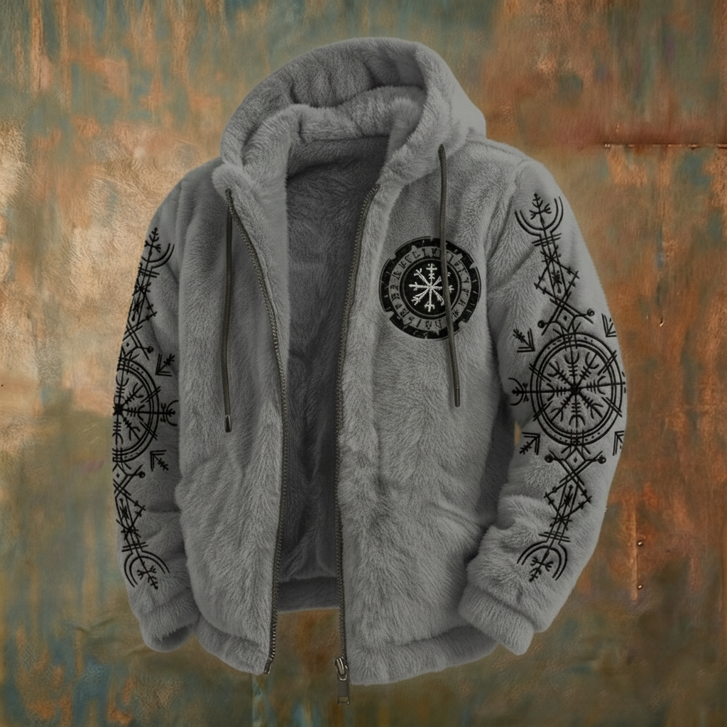 Men's Viking Tribal Jacquard Celtic With Crows & Wolves Inspired Plush Warm Zipped Hooded Jacket